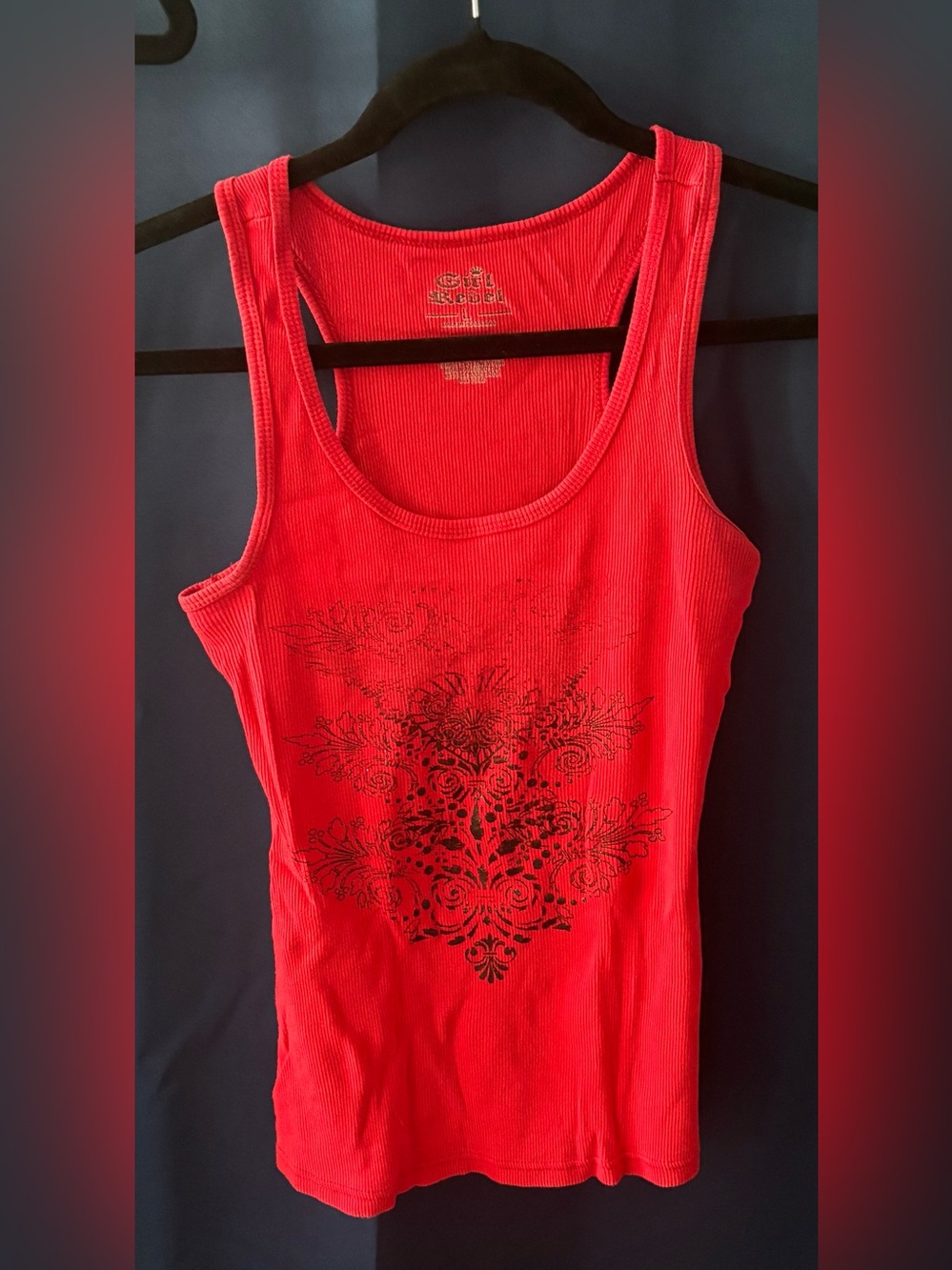 vintage Y2K Girl Rebel ribbed tank top in hot red, featuring a black glitter